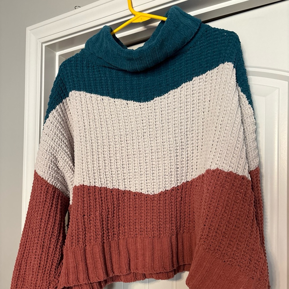 POL Multicolor Turtleneck ColorBlock Chunky Knit Cropped Pullover Sweater Medium